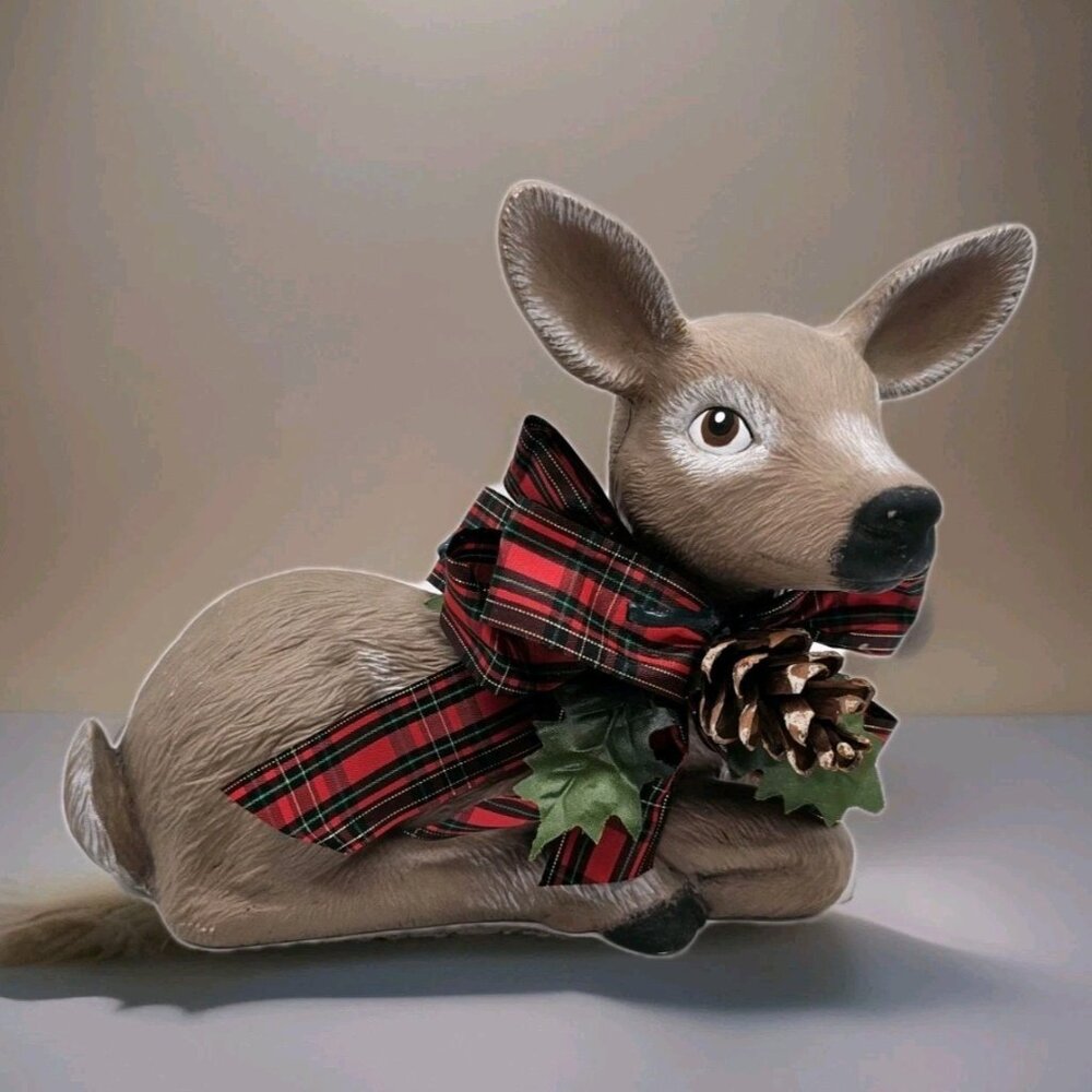 Hand Painted Ceramic Deer Fawn Doe Figure Holiday Collar Christmas Vtg Rustic